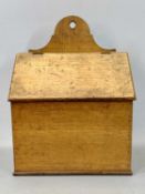 OAK CANDLEBOX, 19th Century, with sloping front and hinge cover, 39.5cms H, 29cms W, 18cms D