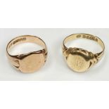 TWO GENTLEMAN'S 9CT GOLD SIGNET RINGS being a Chester 1901 yellow gold example with trace monogram