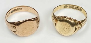 TWO GENTLEMAN'S 9CT GOLD SIGNET RINGS being a Chester 1901 yellow gold example with trace monogram