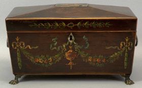 ROSEWOOD DOUBLE TEA CADDY IN SHERATON REVIVAL STYLE, 19th Century of sarcophagus shape with