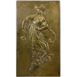 RECTANGULAR CAST BRONZE PLAQUE relief of Elizabethan dancing maiden, monogrammed J L K, 42.5cms x