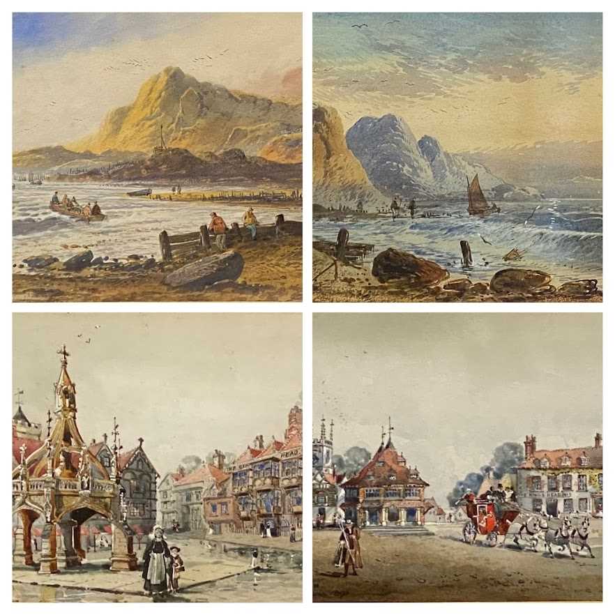 L LEWIS (British 1826-1913) watercolours, a pair - South Coast rocky shorelines with boats and