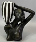 ANZENGRUBER AUSTRIAN TERRACOTTA BUST OF AN AFRICAN LADY, with white striped pot on her shoulder,