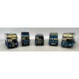 BRIMTOY TINPLATE CLOCKWORK DOUBLE DECKER BUSES x 2, finished in blue and advertising Regent