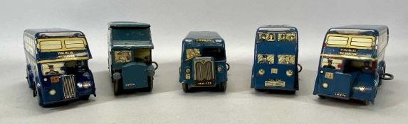 BRIMTOY TINPLATE CLOCKWORK DOUBLE DECKER BUSES x 2, finished in blue and advertising Regent