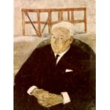 OLWYN BOWEY RA (b. 1936) oil on board - half length portrait of Sir Donald Gibson, signed and