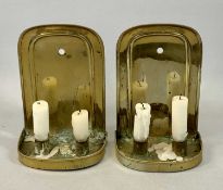19TH CENTURY BRASS WALL SCONCES, A PAIR - each with holders for two candles, 25cms H, 17cms W