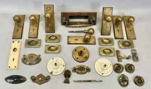 BRASS DOOR FURNITURE, including knobs with back plates, post box with knocker, furniture handles