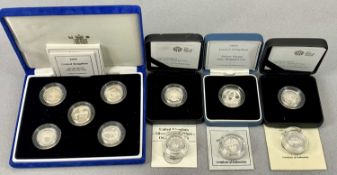 ROYAL MINT SILVER PROOF & PIEDFORT £1 COINS x 11, to include a cased set of 5, dates 2003-2007, a
