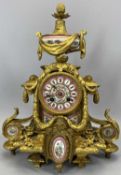 FRENCH GILT BRONZE & PORCELAIN MANTEL CLOCK, late 19th Century, the case cast with swags, flowers