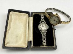 TWO 9CT GOLD CASED & OTHER LADIES WRISTWATCHES the 9ct example with chamfered bezel and gilt metal