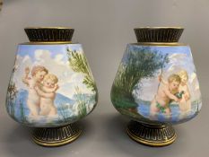 CONTINENTAL VASES, A SHORT STEMMED PAIR, with infants playing in a river, 15cms H
