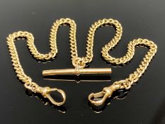 VINTAGE 9CT GOLD DOUBLE ALBERT WITH TWIN CLIPS & T BAR, 23cms overall length, curblinks individually