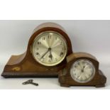 EDWARDIAN INLAID MAHOGANY CASED DOME TOP MANTEL CLOCK, circular silvered dial with Arabic