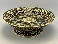 LARGE CIRCULAR FOOTED DISH BY INDIA JANE, incised decoration of flowers and leaves, 13cms H, 39cms