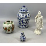 CHINESE PORCELAIN LARGE BLUE & WHITE LIDDED VASE, small polychrome jar, small dragon vase and a