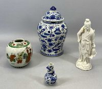 CHINESE PORCELAIN LARGE BLUE & WHITE LIDDED VASE, small polychrome jar, small dragon vase and a