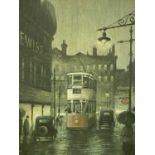 ARTHUR DELANEY (1927-1982) limited edition (132/435) colour print - tram, cars and figures outside