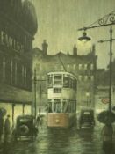 ARTHUR DELANEY (1927-1982) limited edition (132/435) colour print - tram, cars and figures outside