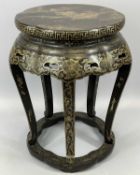 CHINESE LACQUERED JARDINIERE STAND, shaped circular top painted with a landscape, pierced apron on