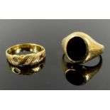 LADY'S & GENTS 9CT GOLD RINGS x 2, to include a gents signet ring with black hardstone inset, date