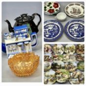 MIXED CERAMICS & GLASSWARE, including Jackfield ware oval panelled teapot, 4 x pieces of carnival