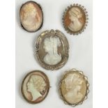 FIVE VINTAGE SHELL CARVED & OTHER CAMEO BROOCHES the largest showing a Greek type goddess holding