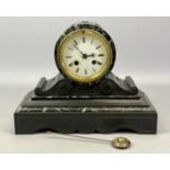 VICTORIAN BLACK SLATE & MARBLE MANTEL CLOCK, barrel movement with white enamel dial and black