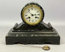 VICTORIAN BLACK SLATE & MARBLE MANTEL CLOCK, barrel movement with white enamel dial and black