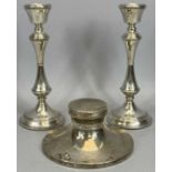 LOADED SILVER CANDLESTICKS A PAIR & A CAPSTAN SHAPE SILVER INKWELL, Birmingham hallmarks, 1981 maker