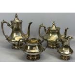 VICTORIAN SILVER PLATED FOUR-PIECE TEA & COFFEE SERVICE, squat form bodies, having Gothic-type