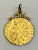 GEORGE II GOLD SPADE GUINEA, 1759, scroll mounted to the top with jump ring, the coin 25mm diam.,