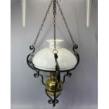 HANGING OIL LAMP late 19th Century, Lampe Veritas brass reservoir with single burner, scrolled