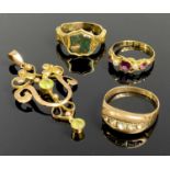 9CT, 12CT & OTHER GOLD VICTORIAN JEWELLERY x 4 to include an Art Nouveau-style peridot set