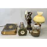SPELTER FIGURAL TABLE LAMP MODELLED AS FEMALE, 42cms H, oval copper kettle with opaque glass handle,