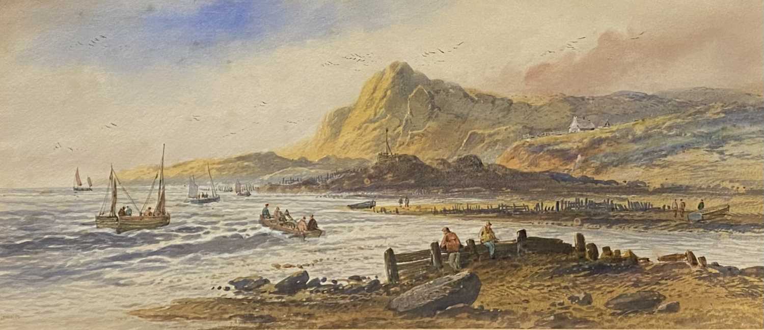 L LEWIS (British 1826-1913) watercolours, a pair - South Coast rocky shorelines with boats and - Image 5 of 7