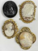 VICTORIAN PINCHBECK & ONE OTHER SHELL CARVED CAMEO BROOCHES, and a carved jet cameo brooch, the