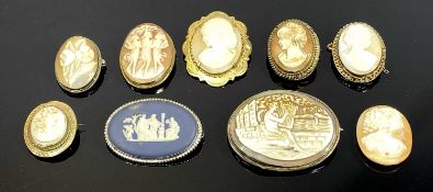 NINE SHELL CARVED CAMEO & OTHER BROOCHES including 3 x with head and shoulder profiles of ladies