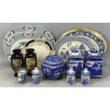 RINGTONS TEA hexagonal biscuit barrel and cover, blue and white transfer decorated panels of North