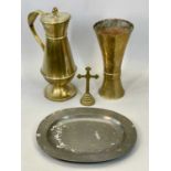 EARLY 20TH CENTURY LARGE BRASS WATER JUG, a single brass vase and a 19th Century pewter oval