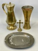 EARLY 20TH CENTURY LARGE BRASS WATER JUG, a single brass vase and a 19th Century pewter oval