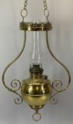 AMERICAN HANGING BRASS OIL LAMP, late 19th Century, the reservoir with embossed decoration,