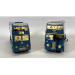 BRIMTOY TINPLATE CLOCKWORK DOUBLE DECKER BUSES x 2, finished in blue, 20cms long