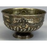 LARGE EDWARDIAN SILVER PUNCH BOWL, the body embossed with ribbon bow garlands, monogrammed oval