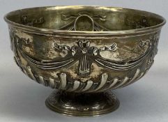 LARGE EDWARDIAN SILVER PUNCH BOWL, the body embossed with ribbon bow garlands, monogrammed oval