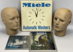 MIELE AUTOMATIC WASHERS SQUARE PLASTIC ADVERTISING CLOCK, cream with blue lettering, battery