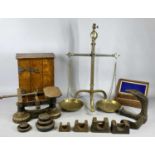RANDOME LONDON BRASS & STEEL CASED SCALES, with associated brass pans and chains, cast iron grocer's