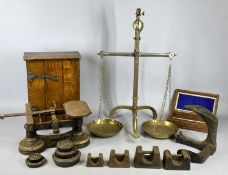 RANDOME LONDON BRASS & STEEL CASED SCALES, with associated brass pans and chains, cast iron grocer's