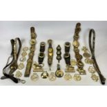 VARIOUS HORSE BRASSES, LEATHER MARTINGALES & LEATHER HORSE STRAPS, with brass buckles and fittings