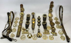 VARIOUS HORSE BRASSES, LEATHER MARTINGALES & LEATHER HORSE STRAPS, with brass buckles and fittings